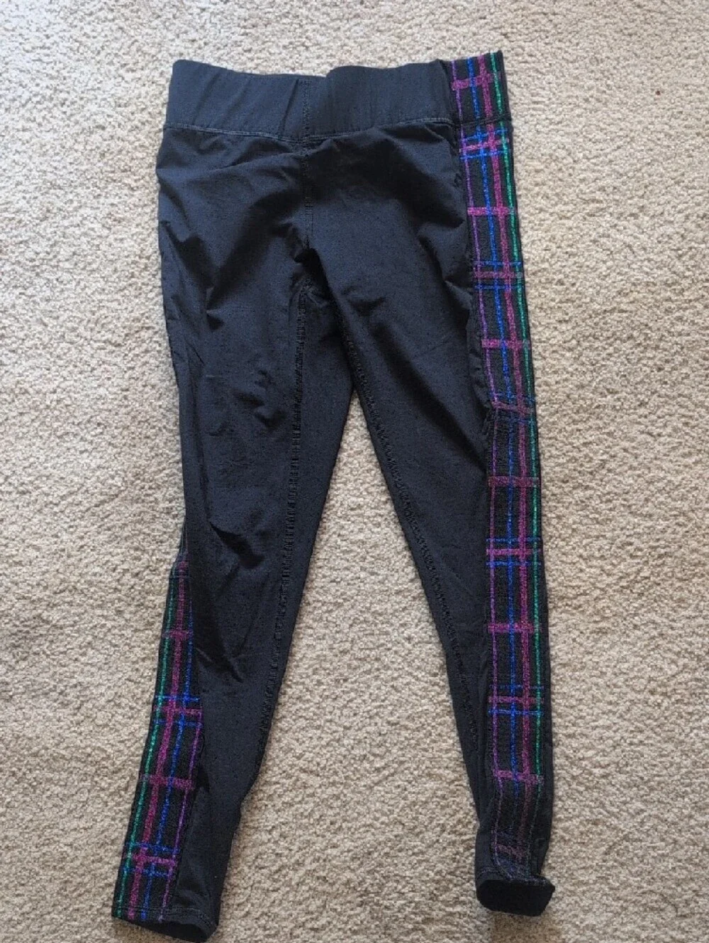 Terez Black Leggings with Purple & Teal Plaid Side Stripes